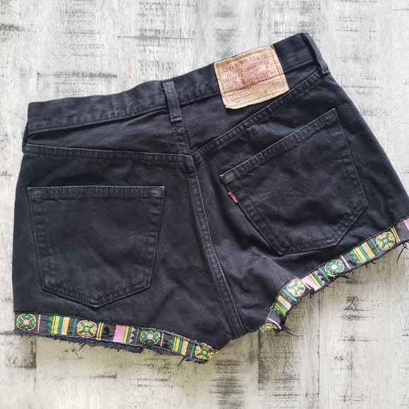 Levi 501 Black Ribbon Trim Denim Shorts - Picture 3 of 16